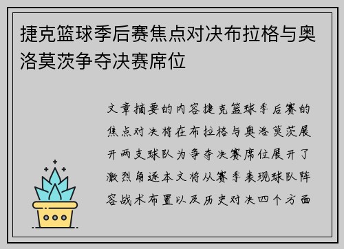捷克篮球季后赛焦点对决布拉格与奥洛莫茨争夺决赛席位