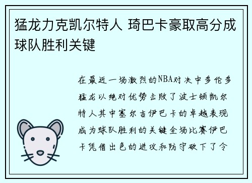 猛龙力克凯尔特人 琦巴卡豪取高分成球队胜利关键