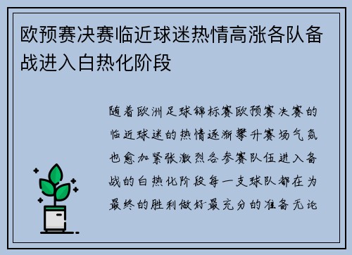欧预赛决赛临近球迷热情高涨各队备战进入白热化阶段