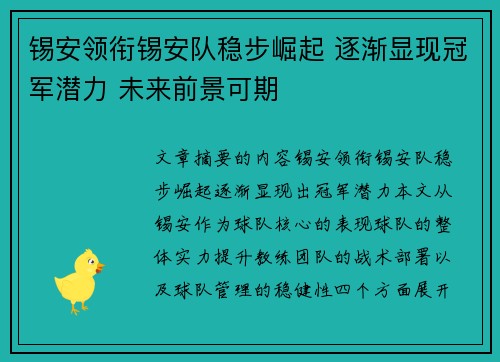 锡安领衔锡安队稳步崛起 逐渐显现冠军潜力 未来前景可期