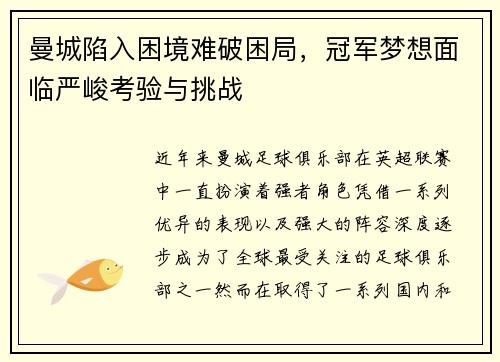 曼城陷入困境难破困局，冠军梦想面临严峻考验与挑战