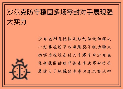 沙尔克防守稳固多场零封对手展现强大实力