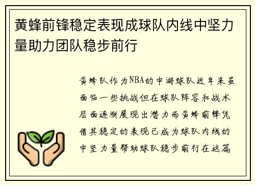 黄蜂前锋稳定表现成球队内线中坚力量助力团队稳步前行 黄蜂前锋稳定表现成球队内线中坚力量助力团队稳步前行