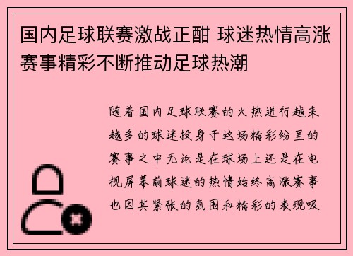 国内足球联赛激战正酣 球迷热情高涨赛事精彩不断推动足球热潮